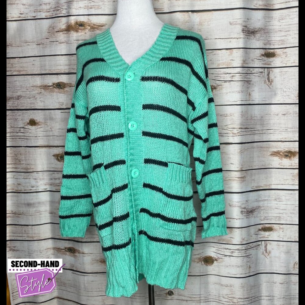 LuLaRoe Striped Open Knit Big Button Sweater Cardigan